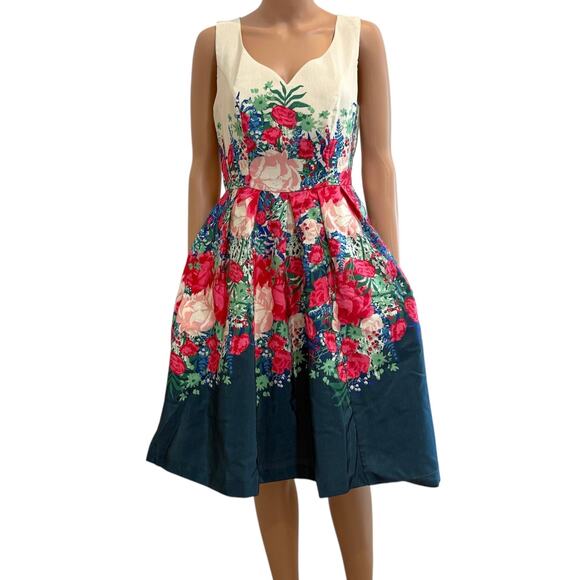 ModCloth floral fit & flare dress v-neck pleated sleeveless medium D1 2545 - Picture 1 of 12